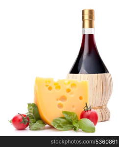 Red wine bottle, cheese and tomato still life isolated on white background cutout. Italian food concept.