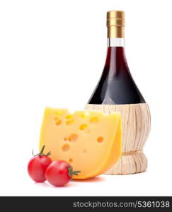 Red wine bottle, cheese and tomato still life isolated on white background cutout. Italian food concept.