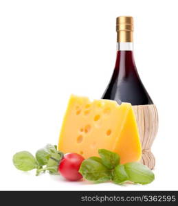 Red wine bottle, cheese and tomato still life isolated on white background cutout. Italian food concept.