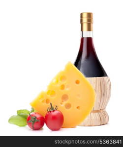 Red wine bottle, cheese and tomato still life isolated on white background cutout. Italian food concept.