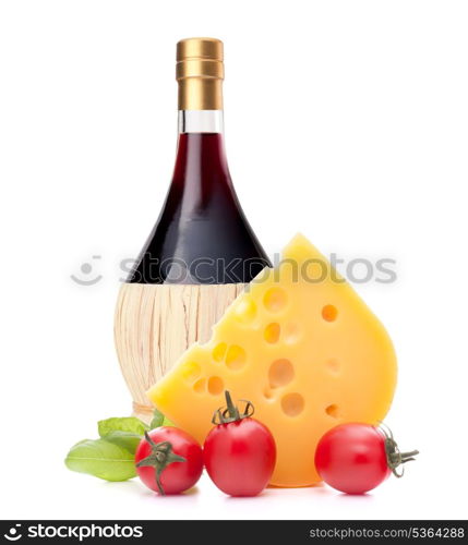 Red wine bottle, cheese and tomato still life isolated on white background cutout. Italian food concept.