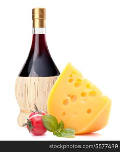 Red wine bottle, cheese and tomato still life isolated on white background cutout. Italian food concept.