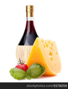 Red wine bottle, cheese and tomato still life isolated on white background cutout. Italian food concept.