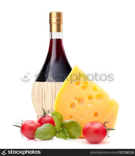 Red wine bottle, cheese and tomato still life isolated on white background cutout. Italian food concept.