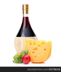 Red wine bottle, cheese and tomato still life isolated on white background cutout. Italian food concept.