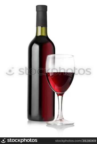 red wine bottles and glass on white background