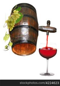 red wine flowing from a barrel with a bunch of grapes and a glass of wine