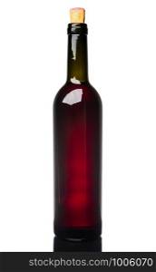 Red wine in a bottle with a cork, isolated on white background.. Red wine in a bottle with a cork, isolated on white background