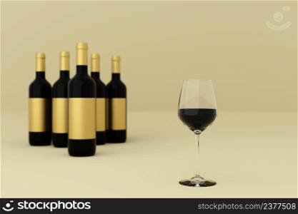 Red Wine, liquor bottle and glass, wineglass. 3D render, isolated on white background.