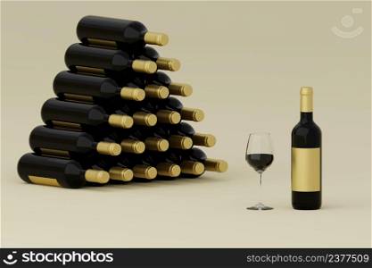 Red Wine, liquor bottle and glass, wineglass. 3D render, isolated on white background.