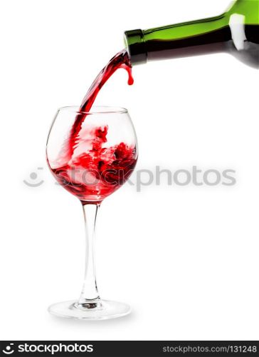 Red wine pouring into a glass isolated on white background. Red wine pouring into a glass