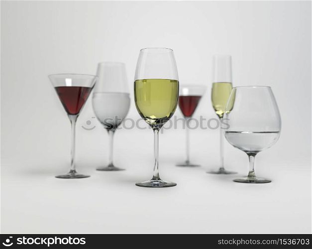 red wine, White wine and water in glasses,selective focus on front object.