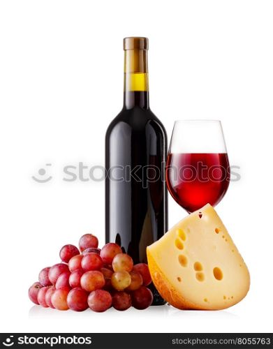 Red wine with cheese and grapes isolated on a white background. Red wine with cheese and grapes