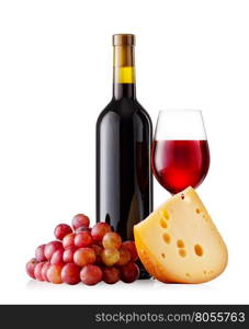 Red wine with cheese and grapes isolated on a white background. Red wine with cheese and grapes