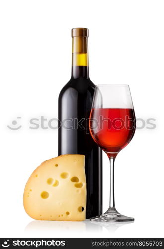 Red wine with cheese isolated on white background. Red wine with cheese