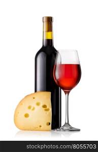 Red wine with cheese isolated on white background. Red wine with cheese