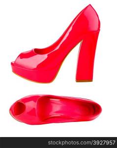Red women shoes isolated over white, side view and view from above