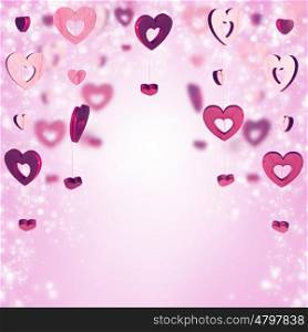 Red wooden decorative hearts and bokeh lights, Valentine day background