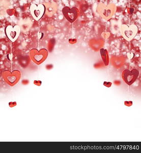 Red wooden decorative hearts and bokeh lights, Valentine day background