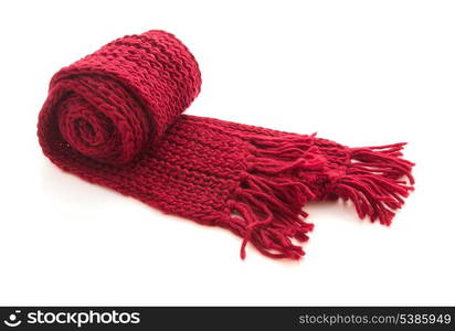 Red wool knitted scarf isolated on white