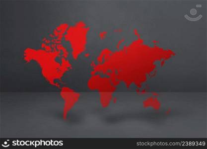 Red world map isolated on black concrete wall background. 3D illustration. Red world map on black concrete wall background. 3D illustration