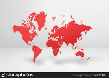 Red world map isolated on white wall background. 3D illustration. Red world map on white wall background. 3D illustration