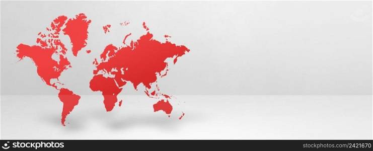 Red world map isolated on white wall background. 3D illustration. Horizontal banner. Red world map on white wall background. 3D illustration. Horizontal banner