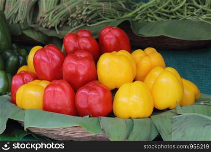 Red & Yellow Capsicums for sale in market at Pune, India