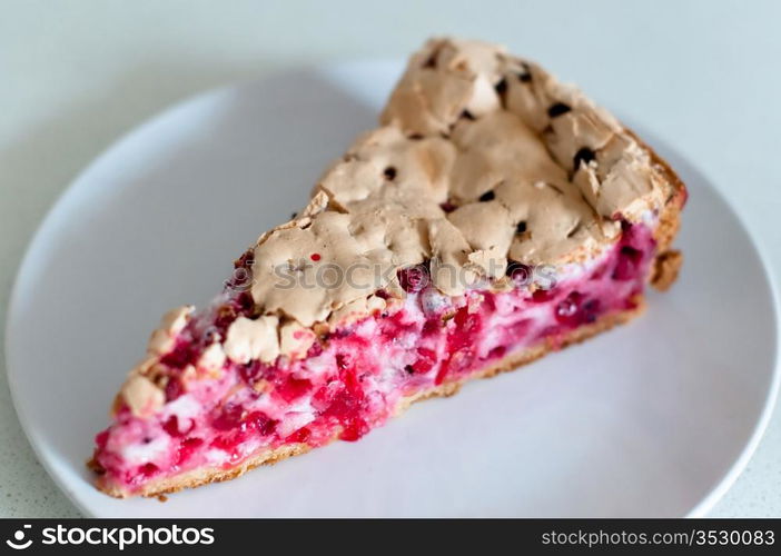 Redcurrant meringue tart on the plate with bright background