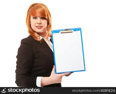 Redhaired business woman holds clipboard with empty blank. Isolated on white background
