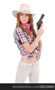 Redhead aiming cowgirl with gun isolated on white