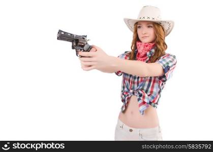 Redhead aiming cowgirl with gun isolated on white
