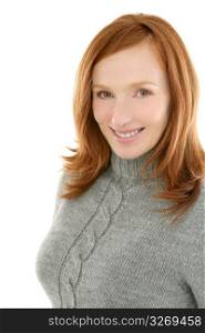 redhead beautiful woman portrait smiling on white background