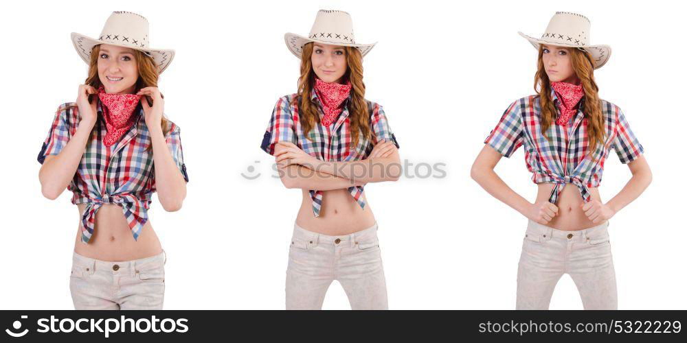 Redhead cowgirl isolated on white