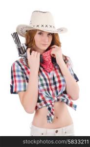 Redhead cowgirl with gun isolated on white