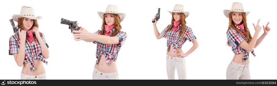 Redhead cowgirl with gun isolated on white