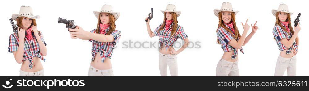 Redhead cowgirl with gun isolated on white