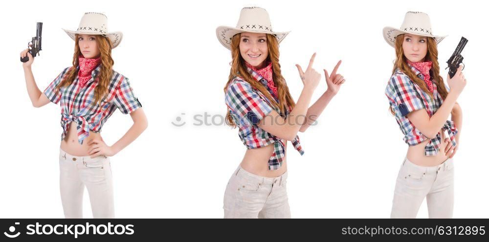 Redhead cowgirl with gun isolated on white. The redhead cowgirl with gun isolated on white