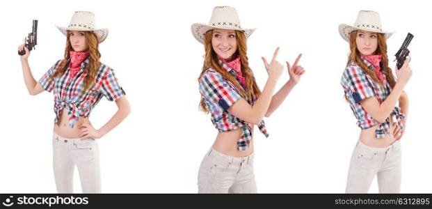 Redhead cowgirl with gun isolated on white. The redhead cowgirl with gun isolated on white