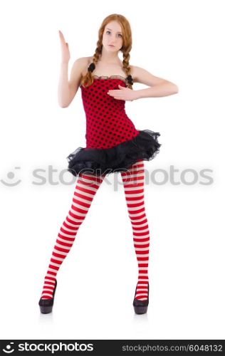 Redhead girl in red dress and stockings on white