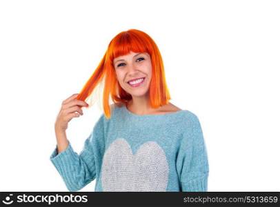 Redhead girl with a new haircut isolated on a white background