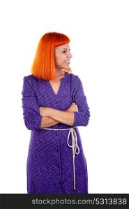 Redhead girl with a purple dress isolated on a white background