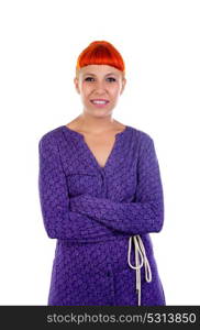 Redhead girl with a purple dress isolated on a white background