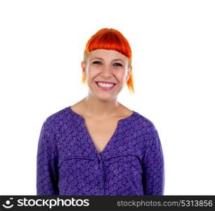 Redhead girl with a purple dress isolated on a white background