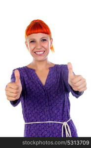 Redhead girl with a purple dress saying Ok isolated on a white background