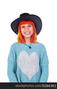 Redhead girl with cawboy hat isolated on a white background