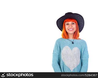 Redhead girl with cawboy hat isolated on a white background