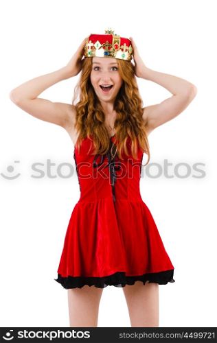 Redhead girl with crown isolated on white