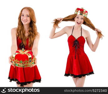 Redhead girl with crown isolated on white