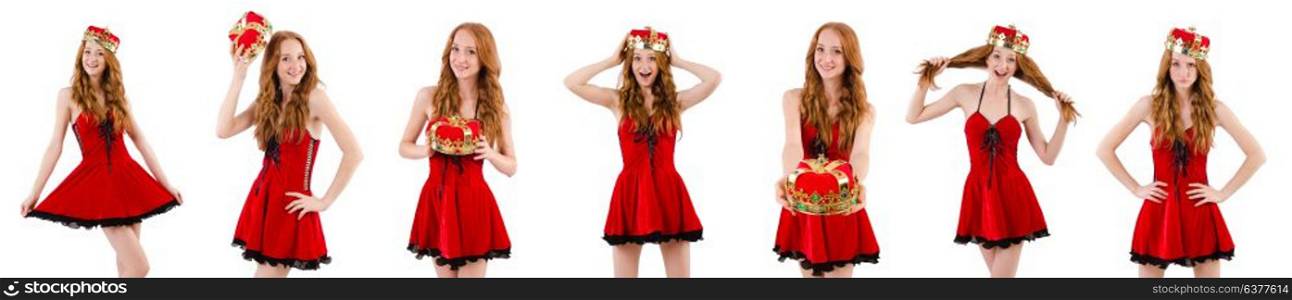 Redhead girl with crown isolated on white